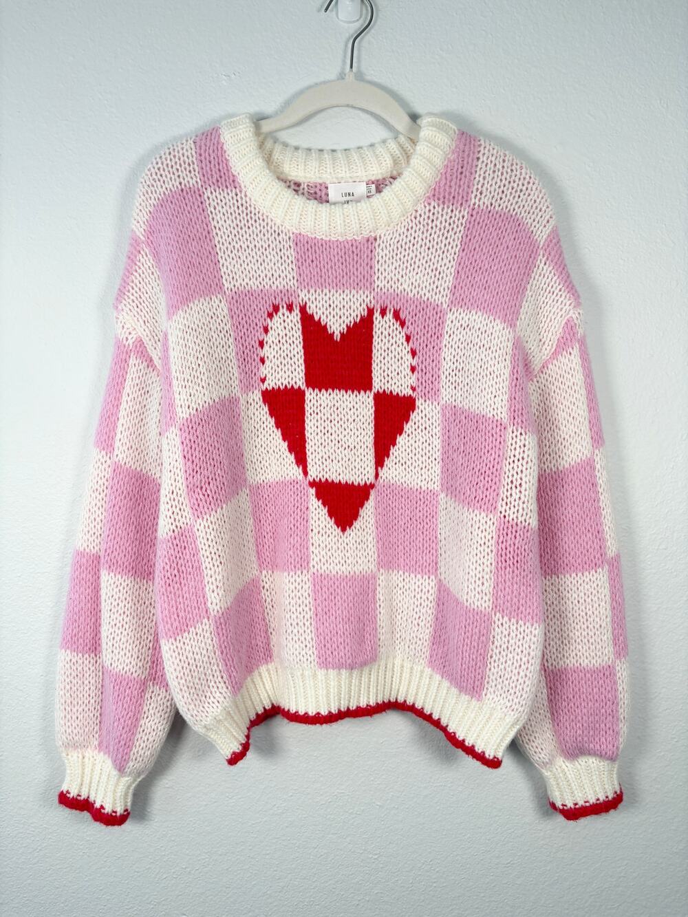 Women's Boutique Luna Ivy Pink Checkerboard Chunky Knit Heart Sweater